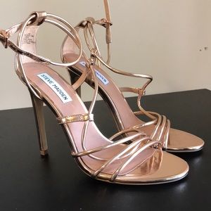 STEVE MADDEN ROSE GOLD SANDAL STRAPPY ANKLE STRAP HIGH HEELS SIZE 8 SUMMER